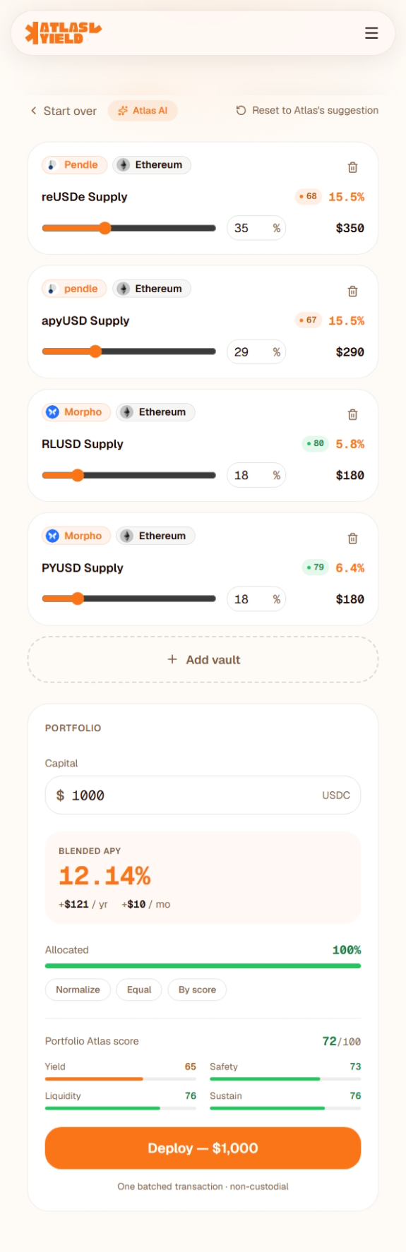AtlasYield on mobile — build and deploy on the go