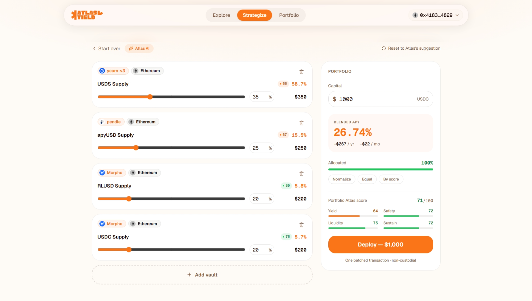 AtlasYield — build and deploy a scored, diversified DeFi portfolio